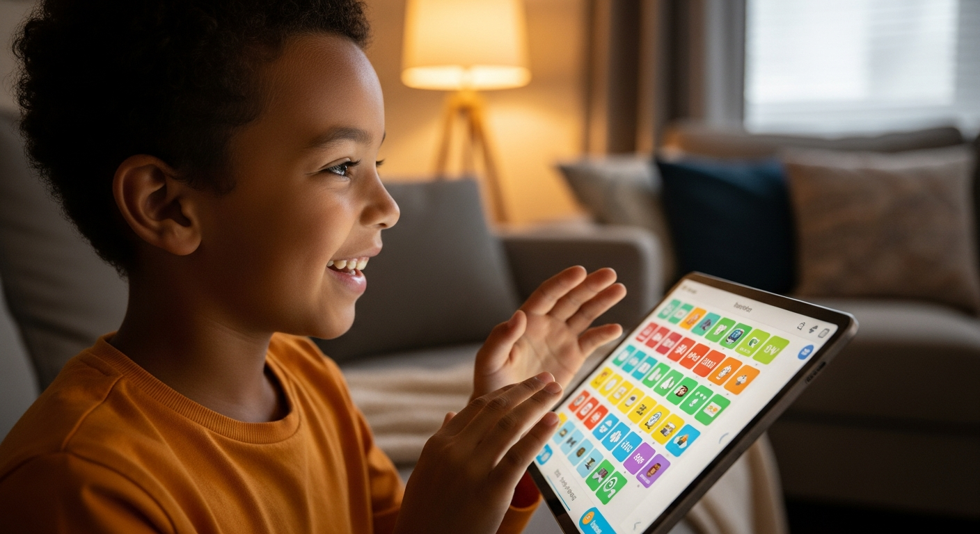 Child happily using Vocalize on a tablet