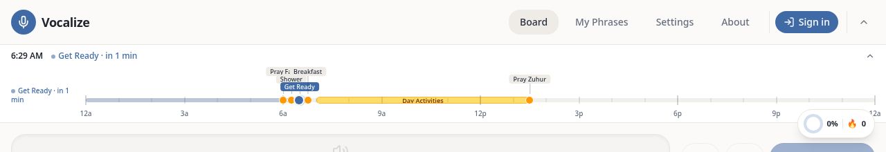 Vocalize timeline bar showing the day's routine at a glance